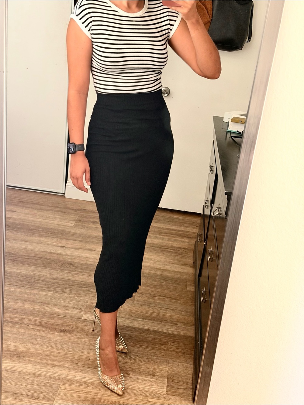 Black Ribbed Midi Pencil Skirt - Women's Sleek Knit Skirt Size M